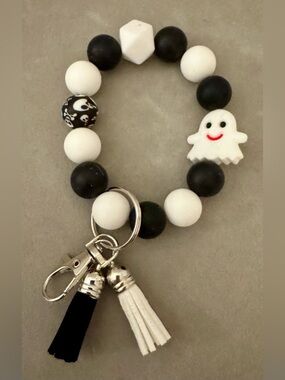 Black & White Ghost Beaded Wristlet Keyring with Tassels and Silver Hardware